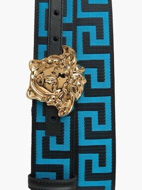 Versace Gold Medusa Buckle Black & Blue Geometric Webbing Belt